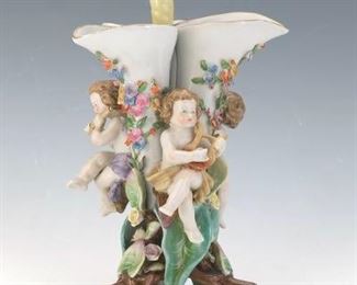 German Antique Porcelain TriNeck Floral Vase with Musical Putti 