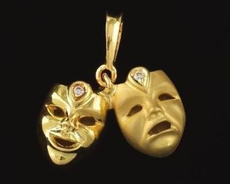 Gold and Diamond Greek Theatre ComedyTragedy Mask Pendant 