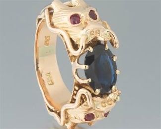 Gold, Natural Blue Sapphire and Ruby Double Dragon Ring 