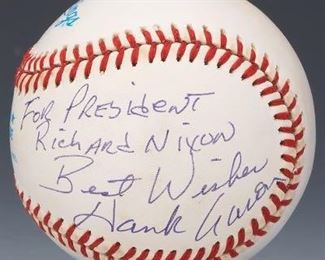 Hank Aaron Autographed Baseball For President Nixon