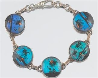 Hoffman Sterling Silver, Reverse Painting with Exotic Blue Morpho Butterfly Wing Bracelet 