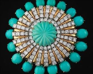 Impressive Carved Turquoise and Diamond Brooch 