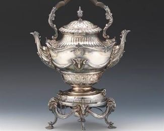 Impressive Sheffield Silver Plated Double Spout Tilted Hot Water Kettle, ca. late 19th Century 