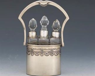 Italian Antique Silver and Crystal ThreeBottle Perfume Vanity Basket 