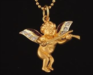 Italian Gold, Ruby, and Diamond Angel Pendant on Chain 