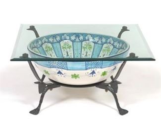 Italian Porcelain Bowl in a Wrought Iron Table with Glass Top 