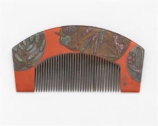 Japanese Takamakie Carved, Lacquered, Silvered and MotherofPearl Set Signed Wood Comb 