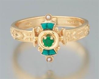 Ladies 14k Gold, Emerald, Seed Pearl and Turquoise Color Stone Ring 