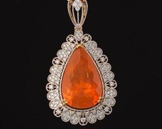Ladies 15.60 ct Fire Opal and Diamond Pendant, GIA and AIGL Report 