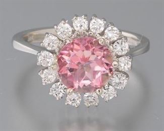 Ladies 18k Gold, Pink Topaz and Diamond Ring 