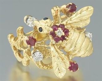Ladies 18k Gold, Ruby, and Diamond Bee Ring 