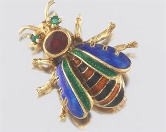 Ladies Antique Gold, Enamel and Emerald Bee Brooch 