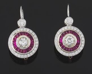 Ladies Art Deco Style Pair of Gold, Diamond and Ruby Earrings 