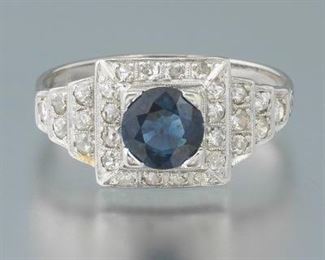 Ladies Art Deco Platinum, Blue Sapphire and Diamond Ring 