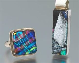 Ladies Artisan Sterling Silver and Dichroic Art Glass Ring and Pendant 