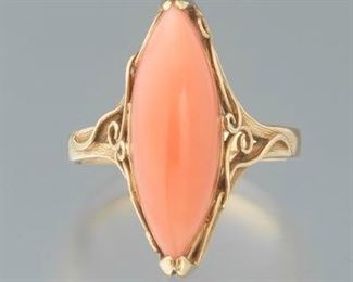Ladies Art Nouveau Gold and Coral Navette Ring 