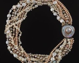 Ladies Artisan Sterling Silver Multi Strand Pearl Torsade Necklace 