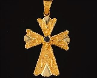 Ladies Byzantine Revival Gold and Blue Sapphire Cross 