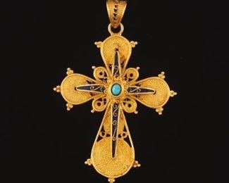Ladies Byzantine Revival Gold, Turquoise and Enamel Cross 