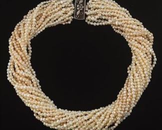 Ladies Chinese Export Silver and MultiStrand Pearl Torsade Necklace 