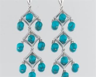 Ladies E. Pearl Sterling Silver and Turquoise Color Bead Pair of Chandelier Earrings 