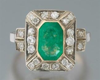Ladies Edwardian Gold, Emerald and Diamond Ring 