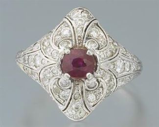 Ladies Edwardian Platinum, Natural Fine Ruby and Diamond Ring