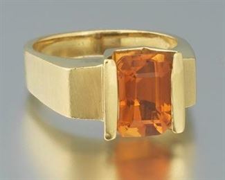 Ladies Gold and Amber Citrine Modernist Ring 