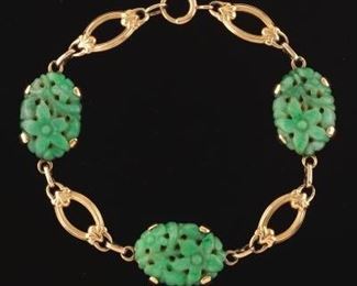 Ladies Gold and Carved Green Jade Bracelet 
