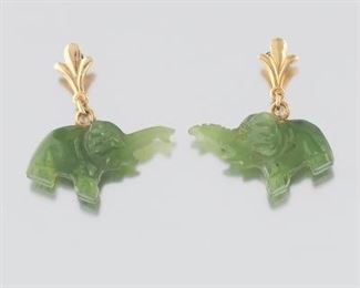 Ladies Gold and Carved Green Jade Elephant Pair of Earrings 