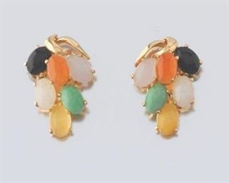 Ladies Gold and Color Jade Pair of Cluster Earrings 