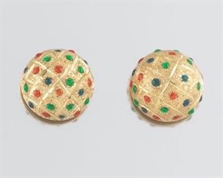 Ladies Gold and Enamel Pair of Domed Sputnik Style Earrings 