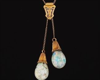Ladies Gold and Encased Floating Opals Dangle Necklace 