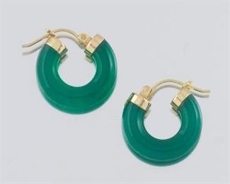 Ladies Gold and Green Chalcedony Pair of Hoop Earrings 