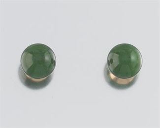 Ladies Gold and Green Jade Pair of Ear Studs 