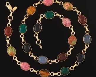 Ladies Gold and Multicolor Gemstone Scarab Necklace 