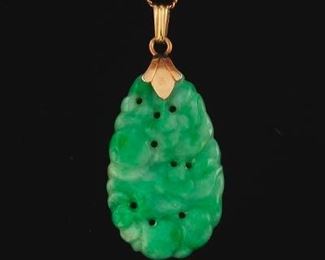 Ladies Gold and Natural Apple Green Carved Jadeite Jade Pendant on Chain 