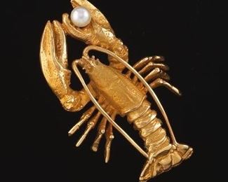 Ladies Gold and Pearl Lobster Brooch 