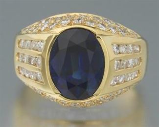Ladies Gold, 3.67 ct Natural Blue Sapphire and Diamond Ring 