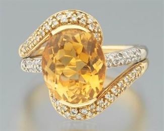 Ladies Gold, Amber Citrine and Diamond Cocktail Ring 