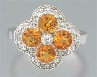 Ladies Gold, Amber Citrine and Diamond Floral Ring 
