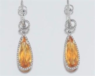Ladies Gold, Amber Citrine and Diamond Pair of Dangle Earrings 