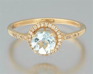 Ladies Gold, Aquamarine and Diamond Halo Ring 