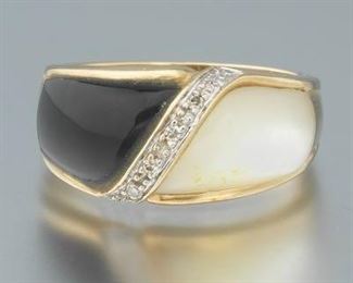Ladies Gold, Black Onyx, MOP and Diamond Dome Ring 