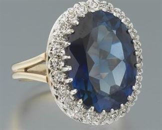 Ladies Gold, Blue Sapphire and Diamond Cocktail Ring 