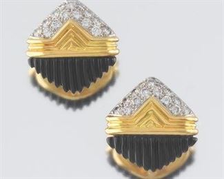 Ladies Gold, Carved Black Onyx and Diamond Pair of Earrings 