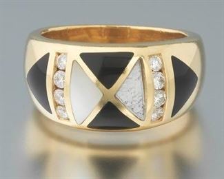 Ladies Gold, Diamond, Black Onyx and Mother of Pearl Band 