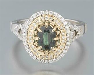 Ladies Gold, Green Sapphire and Diamond Ring 