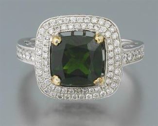 Ladies Gold, Green Tourmaline and Diamond Cocktail Ring 