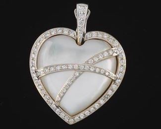Ladies Gold, Mother of Pearl and Diamond Heart Pendant 